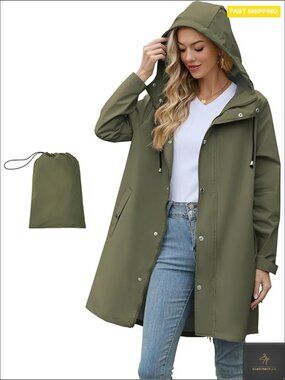 Packable Waterproof Rain Jacket with Hood Long Trench Coat Windbreaker S-2XL